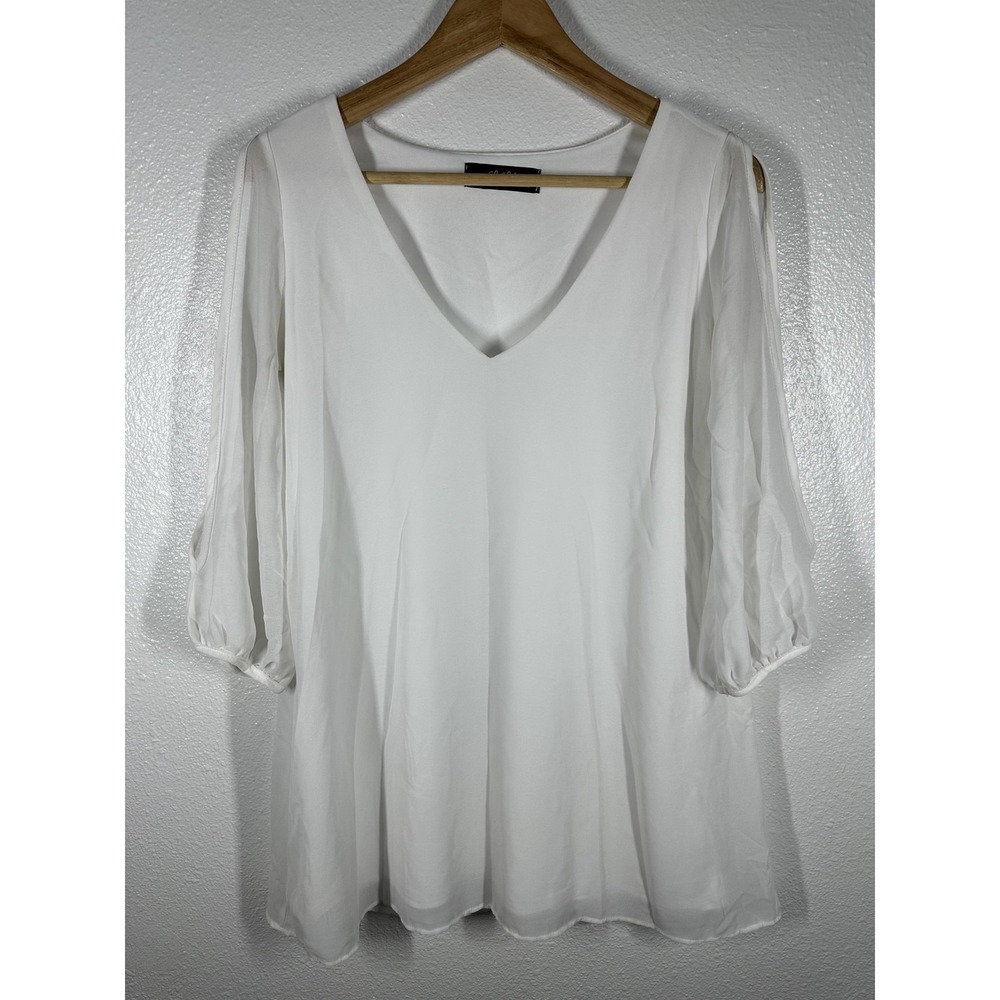 Lulus Blouse Womens Medium White V Neck Slit 3/4 Sleeve Tunic‎ Top Lightweight
